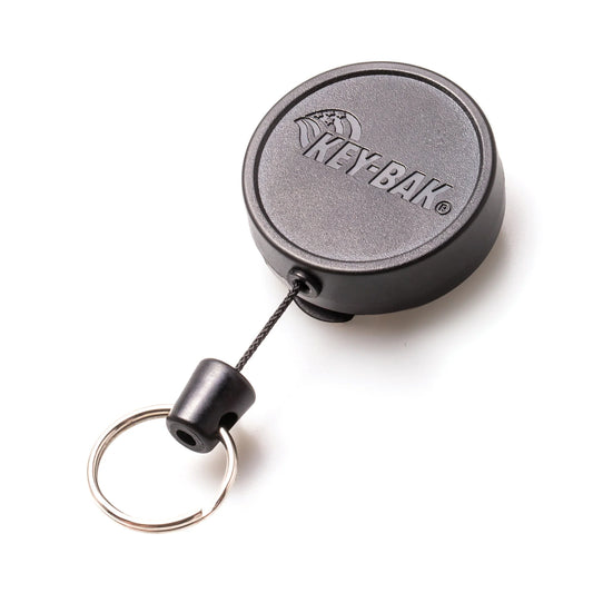 Key-back 90cm Kevlear Wire, svart roterende med plastklipp.